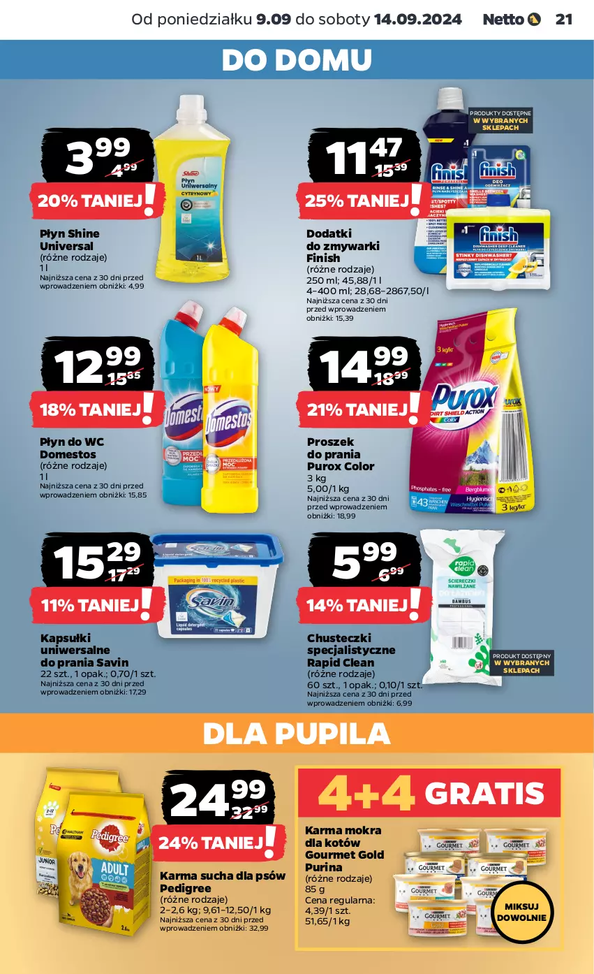 Gazetka promocyjna Netto - Artykuły spożywcze - ważna 09.09 do 14.09.2024 - strona 21 - produkty: Chusteczki, Domestos, Finish, Gourmet Gold, Gra, Karma mokra dla kotów, Pedigree, Płyn do wc, Proszek do prania, Pur, Purina, Zmywarki