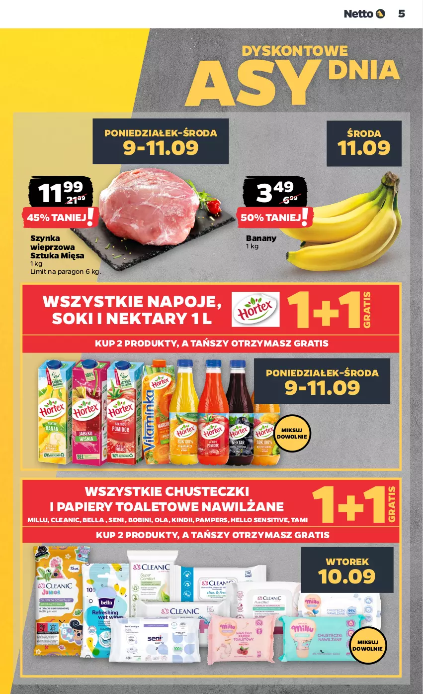 Gazetka promocyjna Netto - Artykuły spożywcze - ważna 09.09 do 14.09.2024 - strona 5 - produkty: Banany, Bell, Bella, Chusteczki, Cleanic, Gra, Kindii, Napoje, Nektar, Pampers, Papier, Sok, Szynka, Szynka wieprzowa