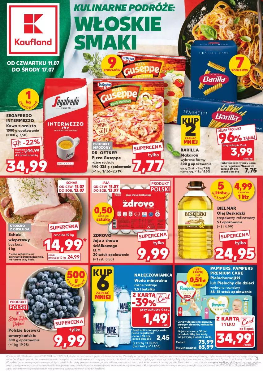 Gazetka promocyjna Kaufland - Gazetka tygodnia - ważna 11.07 do 17.07.2024 - strona 1 - produkty: Barilla, Beskidzki, Dr. Oetker, Dzieci, Jaja, Kawa, Kawa ziarnista, Majtki, Makaron, Nałęczowianka, Olej, Pampers, Pieluchomajtki, Pieluchy, Pizza, Rama, Schab wieprzowy, Segafredo, Sok, Woda, Woda mineralna