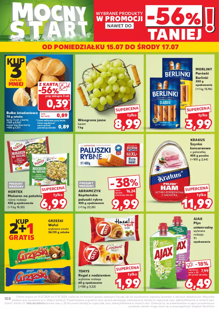 Gazetka promocyjna Kaufland - Gazetka tygodnia - ważna 11.07 do 17.07.2024 - strona 108 - produkty: Ajax, Berlinki, Bułka, Danio, Gala, Gra, Grześki, Hortex, Krakus, Makaron, Morliny, Paluszki rybne, Parówki, Rama, Rogal, Ser, Sok, Szynka, Szynka konserwowa, Wino, Winogrona