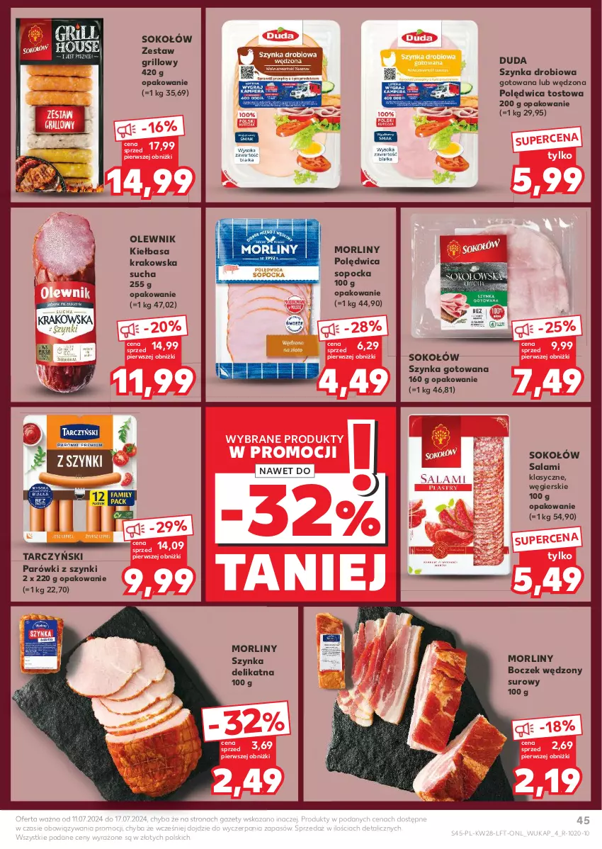 Gazetka promocyjna Kaufland - Gazetka tygodnia - ważna 11.07 do 17.07.2024 - strona 45 - produkty: Boczek, Duda, Grill, Kiełbasa, Kiełbasa krakowska, Morliny, Olewnik, Parówki, Parówki z szynki, Polędwica, Salami, Sok, Sokołów, Szynka, Tarczyński