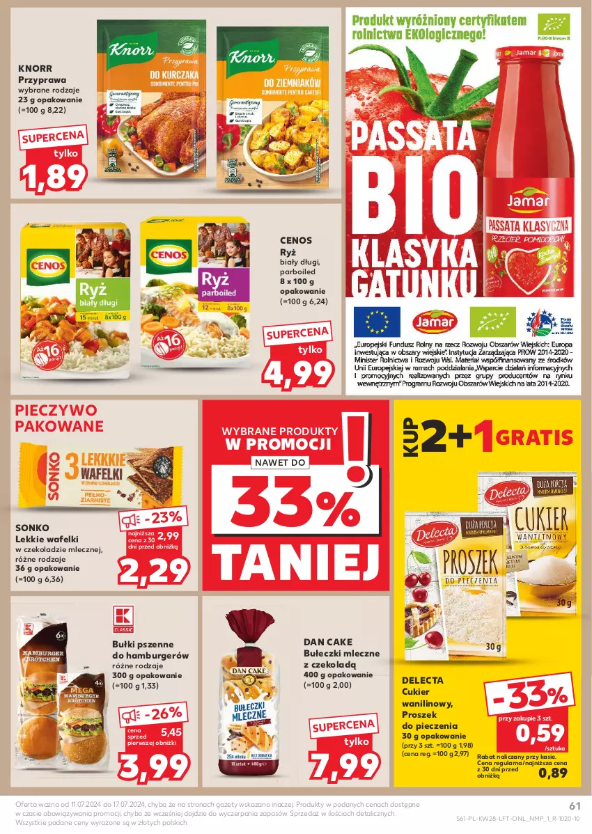 Gazetka promocyjna Kaufland - Gazetka tygodnia - ważna 11.07 do 17.07.2024 - strona 61 - produkty: Bułeczki, Bułeczki mleczne, Burger, Cenos, Cukier, Cukier wanilinowy, Dan Cake, Delecta, Gra, Hamburger, Knorr, Piec, Pieczywo, Proszek do pieczenia, Ryż, Ryż biały, Sonko