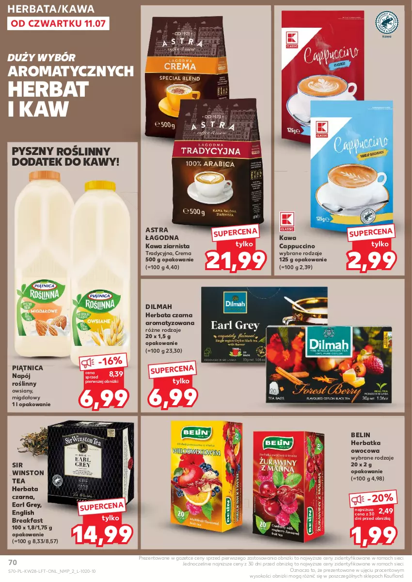 Gazetka promocyjna Kaufland - Gazetka tygodnia - ważna 11.07 do 17.07.2024 - strona 70 - produkty: Cappuccino, Dilmah, Earl Grey, Fa, Herbata, Herbata czarna, Kawa, Kawa ziarnista, Napój, Napój roślinny, Piątnica, Rama, Sok, Winston