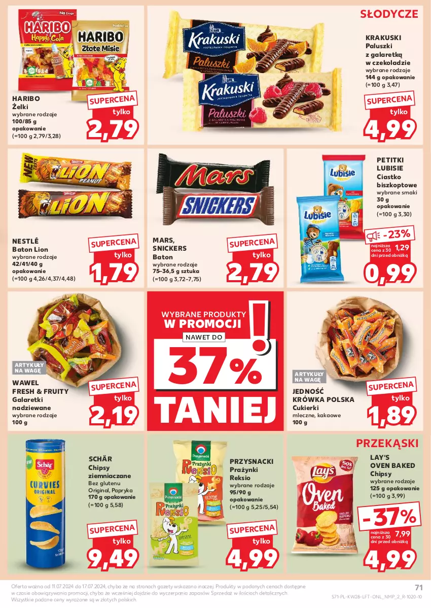 Gazetka promocyjna Kaufland - Gazetka tygodnia - ważna 11.07 do 17.07.2024 - strona 71 - produkty: Baton, Chipsy, Cukier, Cukierki, Gala, Galaretki, Gin, Haribo, Kakao, Krakus, Krakuski, Lay’s, Lion, Lubisie, Mars, Nestlé, Papryka, Przysnacki, Snickers, Wawel