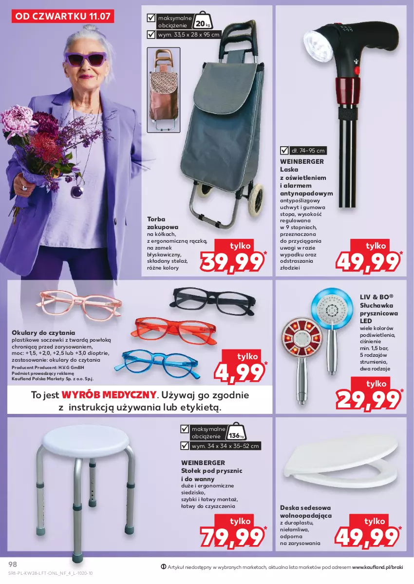 Gazetka promocyjna Kaufland - Gazetka tygodnia - ważna 11.07 do 17.07.2024 - strona 98 - produkty: Deska sedesowa, Dres, Okulary do czytania, Por, Rum, Siedzisko, Słuchawka prysznicowa, Sok, Stołek, Top, Torba, Wagi