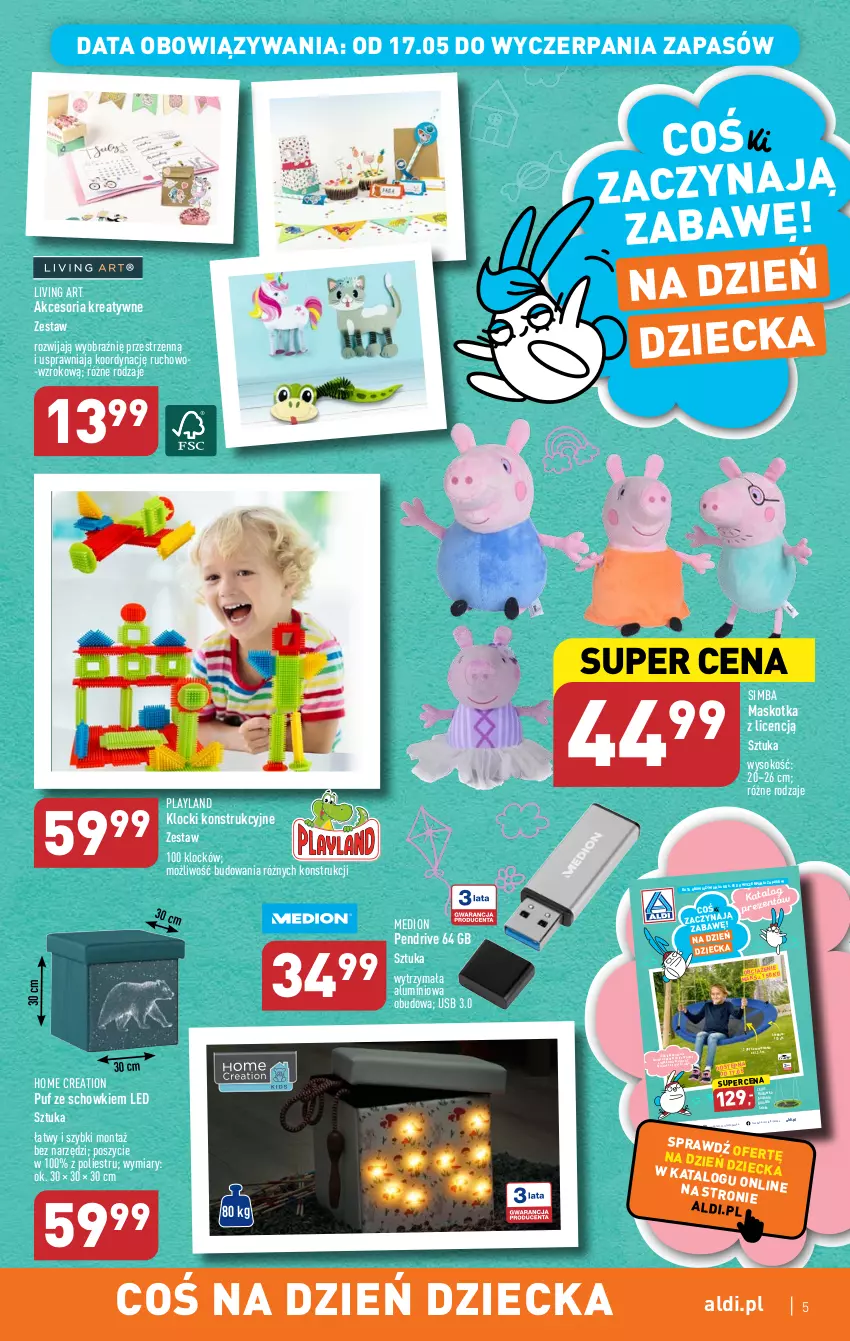 Gazetka promocyjna Aldi - ALDI ma to COŚ - ważna 17.05 do 20.05.2023 - strona 5 - produkty: Fa, Gra, Huśtawka, Klocki, Pendrive, Puf, Sok