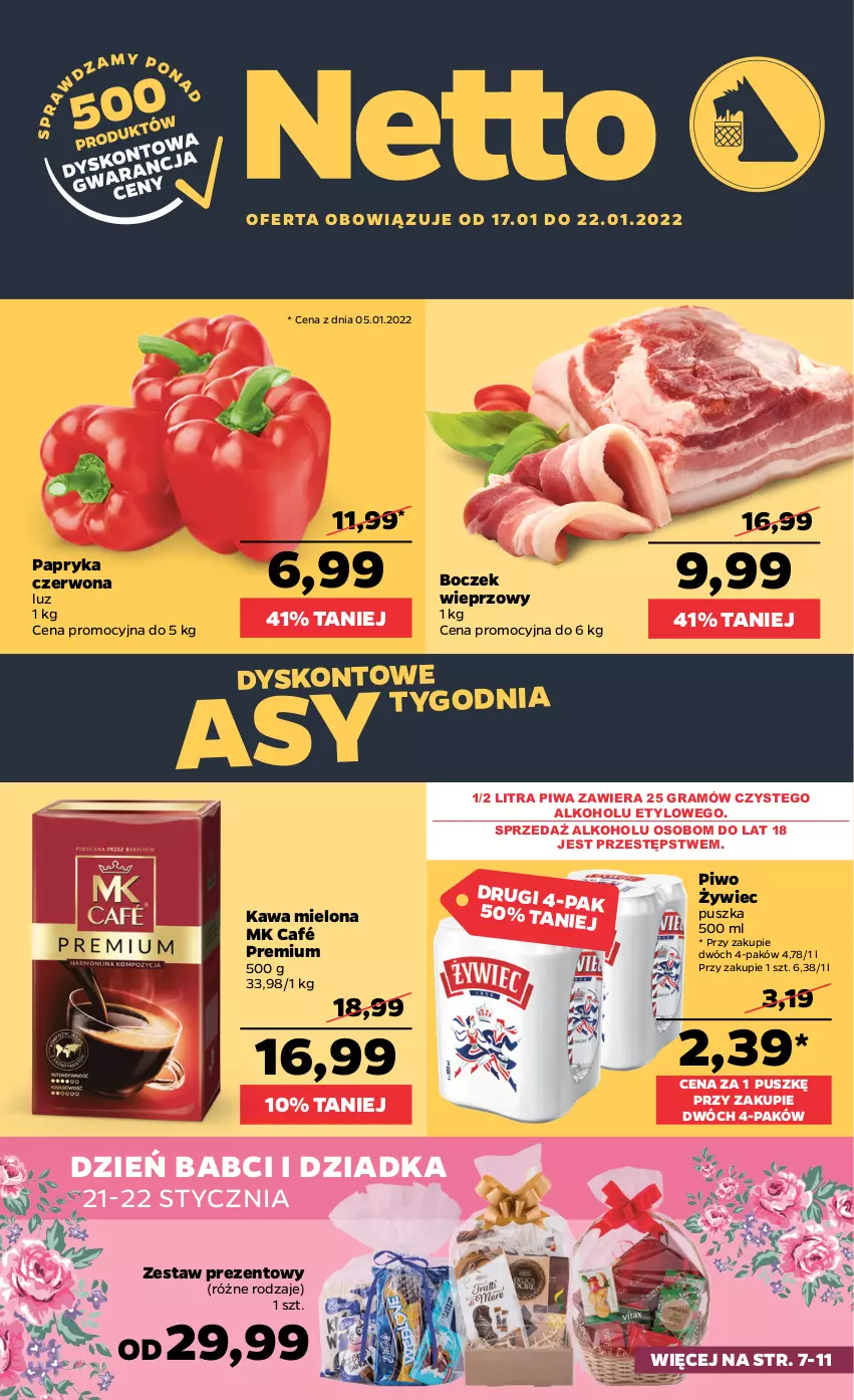 Gazetka promocyjna Netto - Gazetka spożywcza - ważna 17.01 do 22.01.2022 - strona 1 - produkty: Boczek, Boczek wieprzowy, Gra, Kawa, Kawa mielona, Papryka, Papryka czerwona, Piwa, Piwo, Zestaw prezentowy