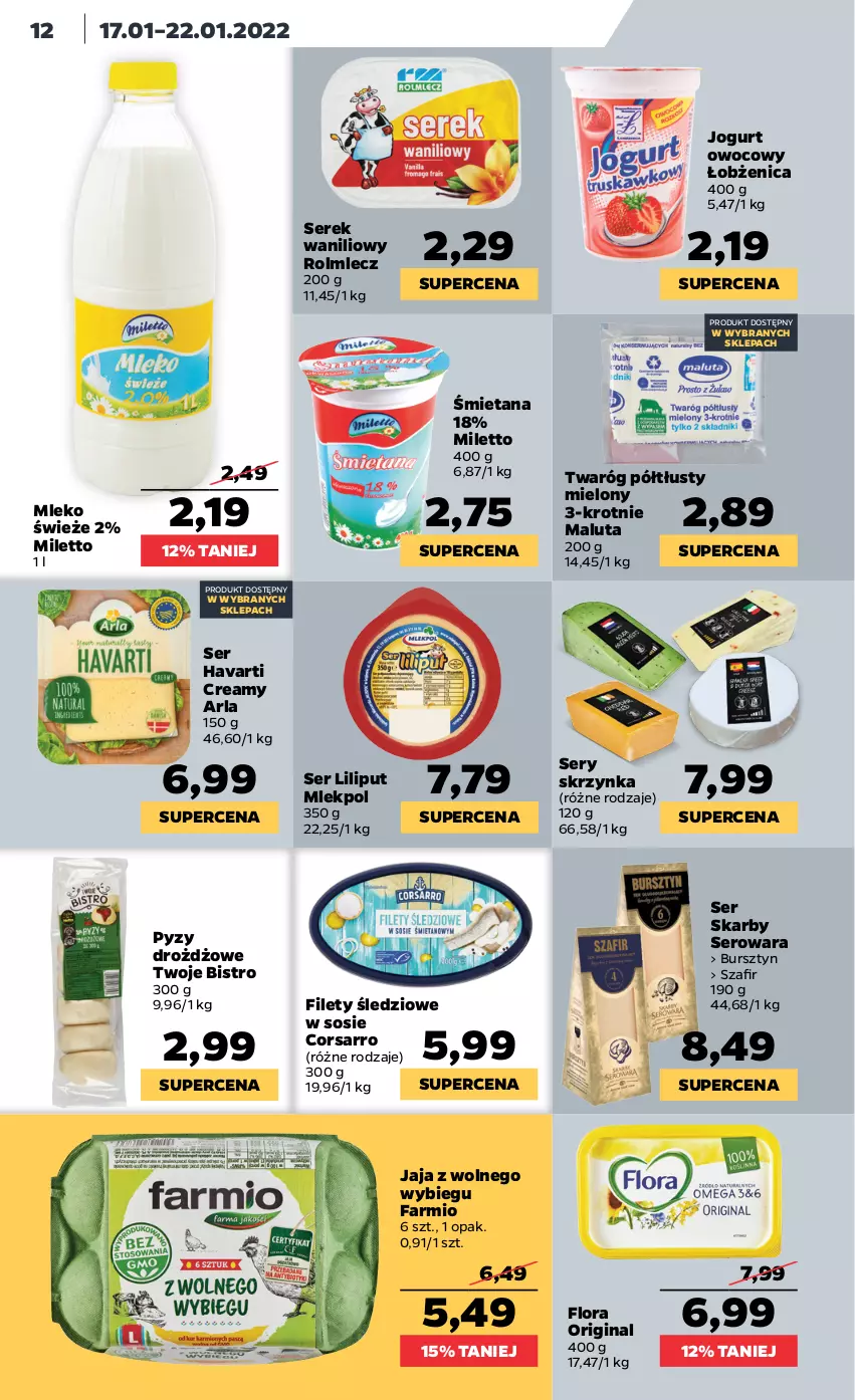 Gazetka promocyjna Netto - Gazetka spożywcza - ważna 17.01 do 22.01.2022 - strona 12 - produkty: Bursztyn, Fa, Flora, Gin, Havarti, Jaja, Jaja z wolnego wybiegu, Jogurt, Jogurt owocowy, Mleko, Rolmlecz, Ser, Serek, Sos, Twaróg, Twaróg półtłusty