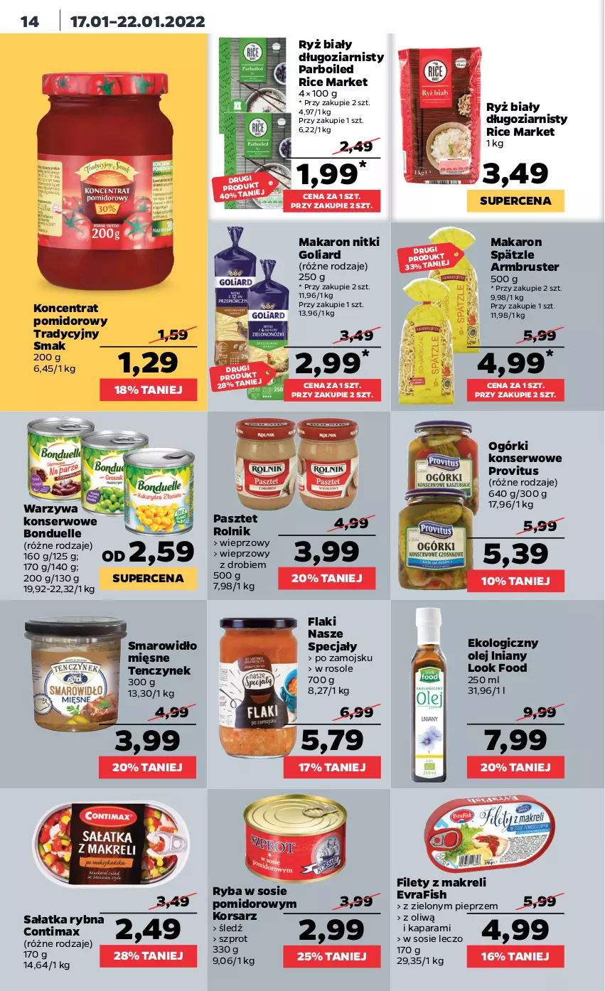 Gazetka promocyjna Netto - Gazetka spożywcza - ważna 17.01 do 22.01.2022 - strona 14 - produkty: Bonduelle, Flaki, Goliard, Koncentrat pomidorowy, Makaron, Ogórki konserwowe, Olej, Pasztet, Pieprz, Rolnik, Rust, Ryba, Ryż, Ryż biały, Sałat, Sałatka, Ser, Sos, Szprot, Warzywa, Warzywa konserwowe