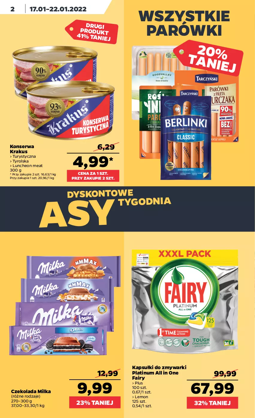 Gazetka promocyjna Netto - Gazetka spożywcza - ważna 17.01 do 22.01.2022 - strona 2 - produkty: Czekolada, Fa, Fairy, Krakus, Milka, Parówki, Ser, Zmywarki