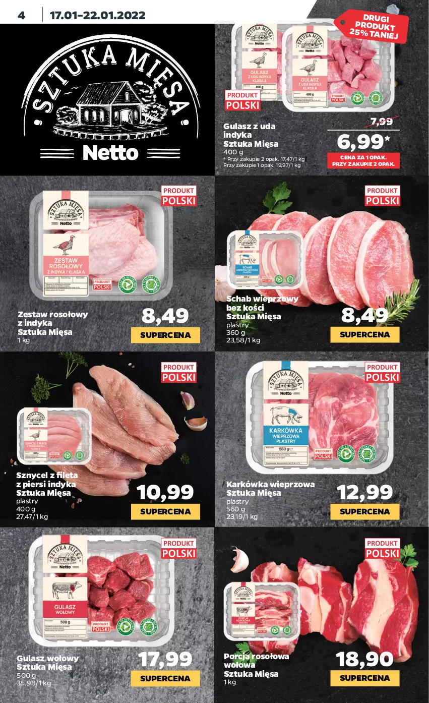 Gazetka promocyjna Netto - Gazetka spożywcza - ważna 17.01 do 22.01.2022 - strona 4 - produkty: Gulasz wołowy, Karkówka wieprzowa, Por, Schab wieprzowy