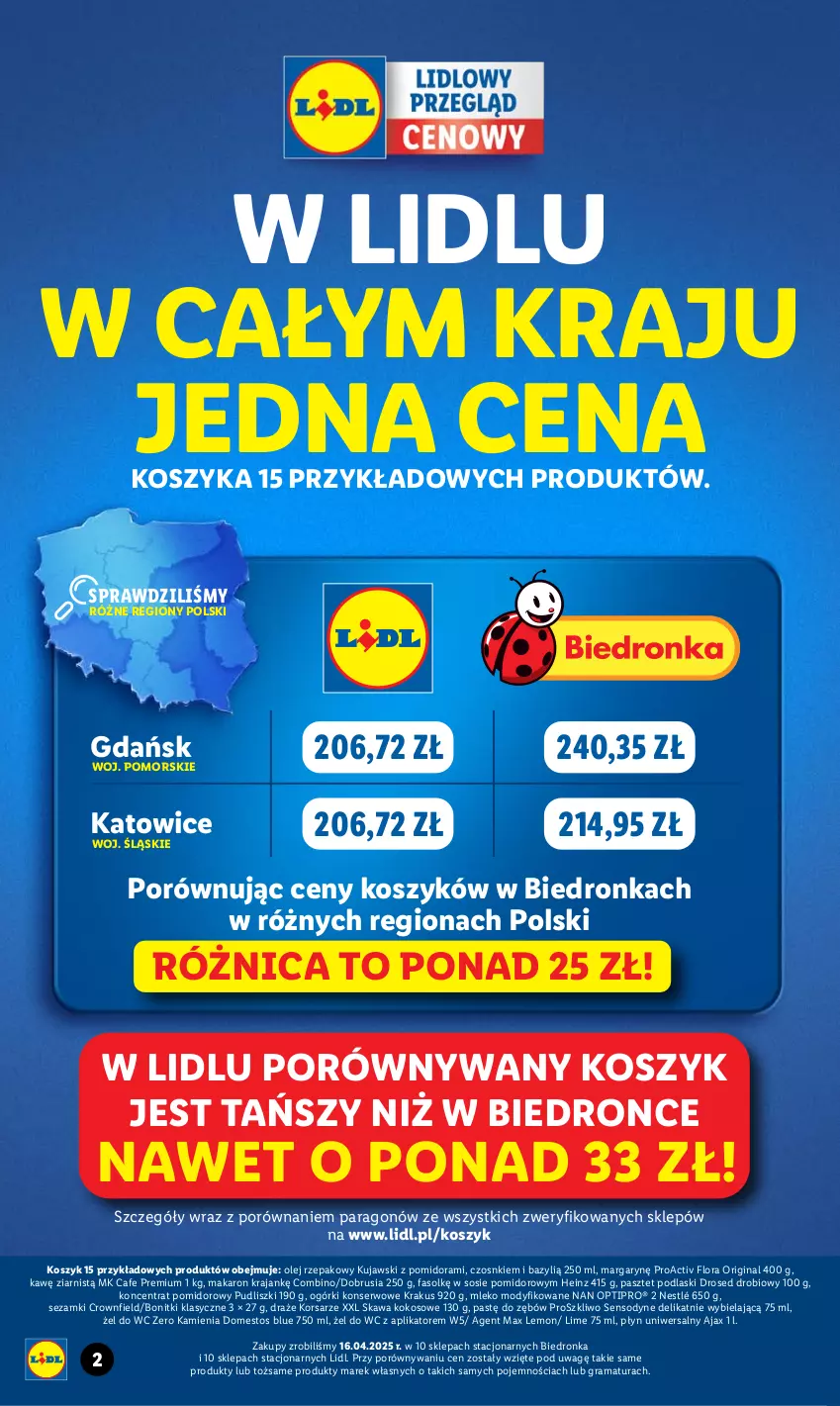 Gazetka promocyjna Lidl - GAZETKA - ważna 19.05 do 24.05.2025 - strona 2 - produkty: Ajax, Bazyl, Bonitki, Domestos, Dron, Fa, Flora, Gin, Gra, Heinz, Kawa, Kokos, Koncentrat pomidorowy, Kosz, Krakus, Kujawski, Makaron, Mleko, Mleko modyfikowane, NAN Optipro, Nestlé, Obrus, Ogórki konserwowe, Olej, Olej rzepakowy, Pasztet, Podlaski, Por, Pudliszki, Rama, Sensodyne, Ser, Sezam, Sos