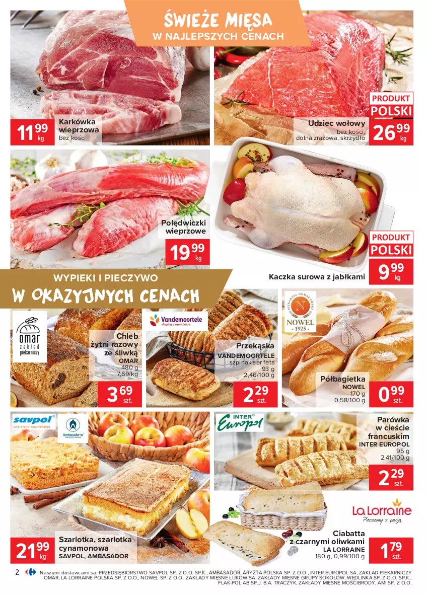 Gazetka promocyjna Carrefour - Gazetka Carrefour - ważna 15.02 do 22.02.2021 - strona 2 - produkty: Bagietka, Chleb, Ciabatta, Feta, Inka, Jabłka, Kaczka, Karkówka wieprzowa, Piec, Pieczywo, Półbagietka, Ser, Sok, Sokołów, Szarlotka, Szpinak, Udziec wołowy