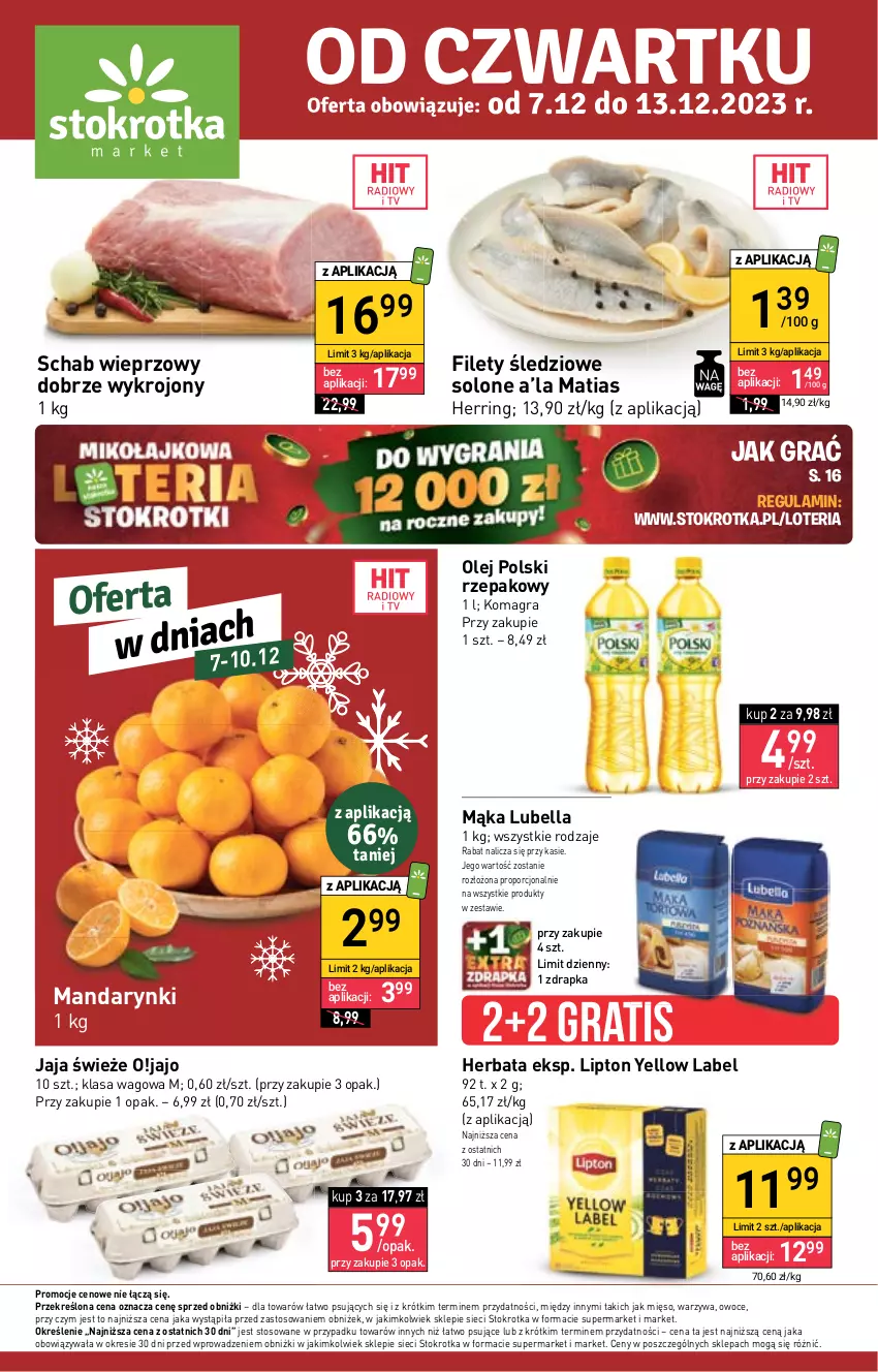 Gazetka promocyjna Stokrotka - Market - ważna 07.12 do 13.12.2023 - strona 1 - produkty: Bell, Bella, Gra, Herbata, Jaja, Lipton, Lubella, Mąka, Mandarynki, Mięso, Olej, Owoce, Por, Schab wieprzowy, Warzywa