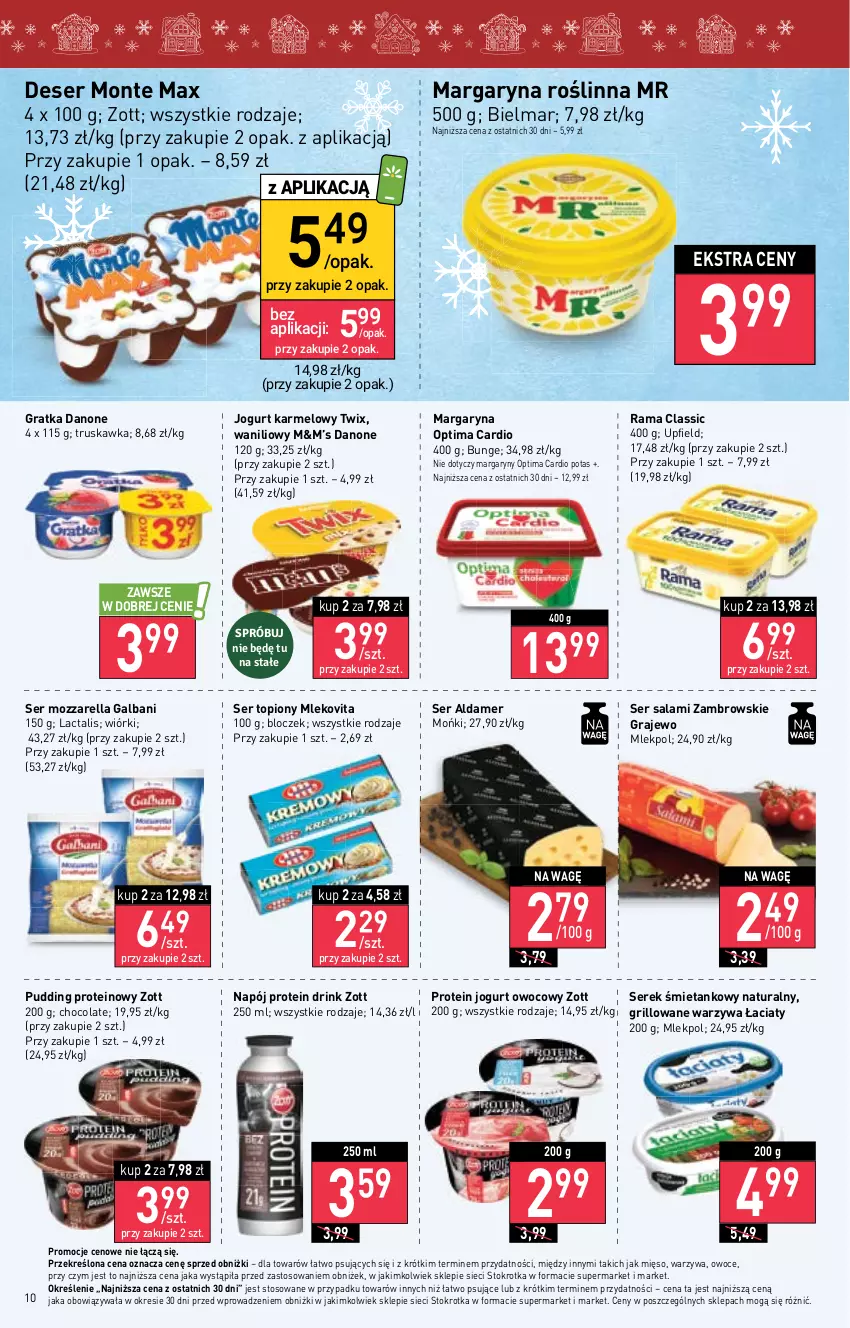 Gazetka promocyjna Stokrotka - Market - ważna 07.12 do 13.12.2023 - strona 10 - produkty: Danone, Deser, Galbani, Gra, Grill, Jogurt, Jogurt owocowy, Margaryna, Mięso, Mleko, Mlekovita, Monte, Mozzarella, Napój, Optima, Optima Cardio, Owoce, Pudding, Rama, Salami, Ser, Ser salami, Ser topiony, Serek, Top, Twix, Warzywa, Zott