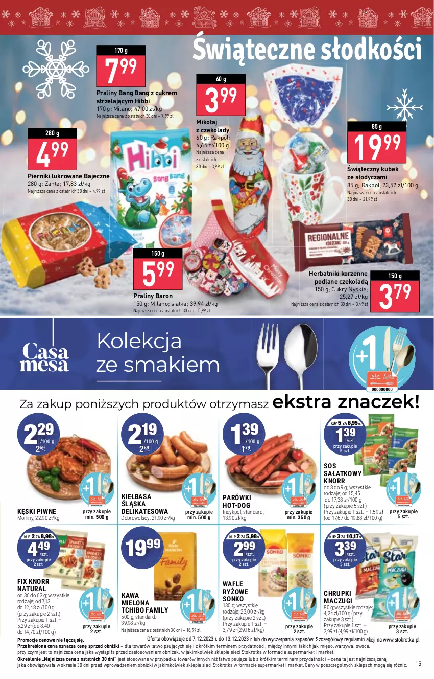 Gazetka promocyjna Stokrotka - Market - ważna 07.12 do 13.12.2023 - strona 15 - produkty: Chrupki, Fa, Herbatniki, Kawa, Kawa mielona, Kęski piwne, Kiełbasa, Kiełbasa śląska, Knorr, Kubek, Mięso, Morliny, Owoce, Parówki, Piernik, Praliny, Ryż, Sałat, Siatka, Sonko, Sos, Tchibo, Tchibo Family, Wafle, Warzywa