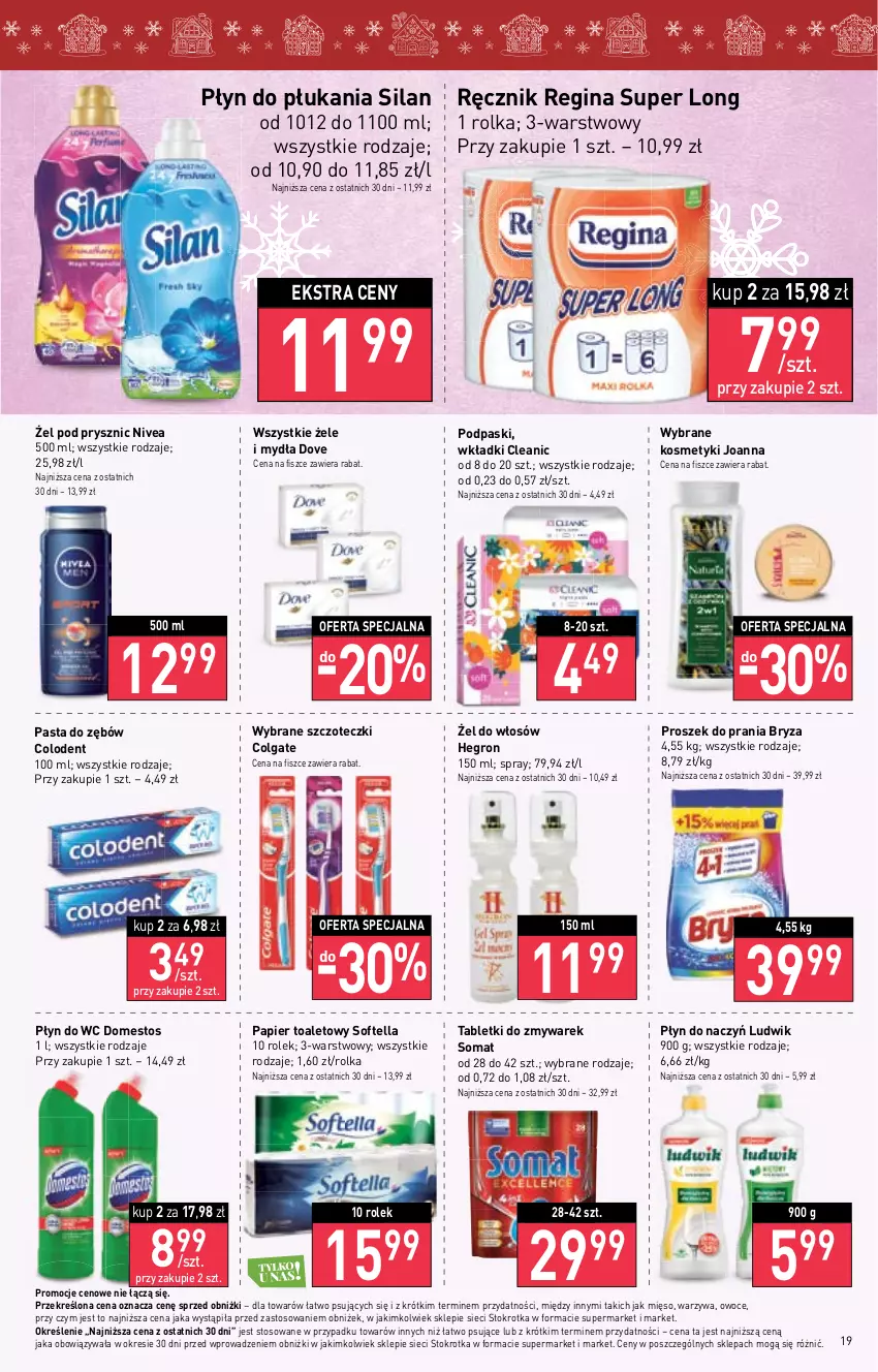 Gazetka promocyjna Stokrotka - Market - ważna 07.12 do 13.12.2023 - strona 20 - produkty: Bryza, Cleanic, Colgate, Domestos, Dove, Gin, Hegron, Joanna, LG, Ludwik, Mięso, Nivea, Owoce, Papier, Papier toaletowy, Pasta do zębów, Płyn do płukania, Płyn do wc, Podpaski, Proszek do prania, Ręcznik, Silan, Somat, Tablet, Warzywa, Wkładki