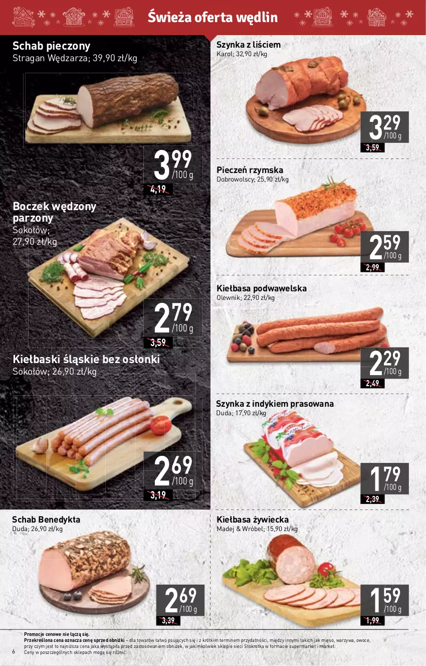 Gazetka promocyjna Stokrotka - Market - ważna 07.12 do 13.12.2023 - strona 6 - produkty: Boczek, Duda, Kiełbasa, Kiełbasa podwawelska, Kiełbaski śląskie, Mięso, Olewnik, Owoce, Piec, Pieczeń rzymska, Schab Benedykta, Schab pieczony, Sok, Sokołów, Szynka, Warzywa, Wawel