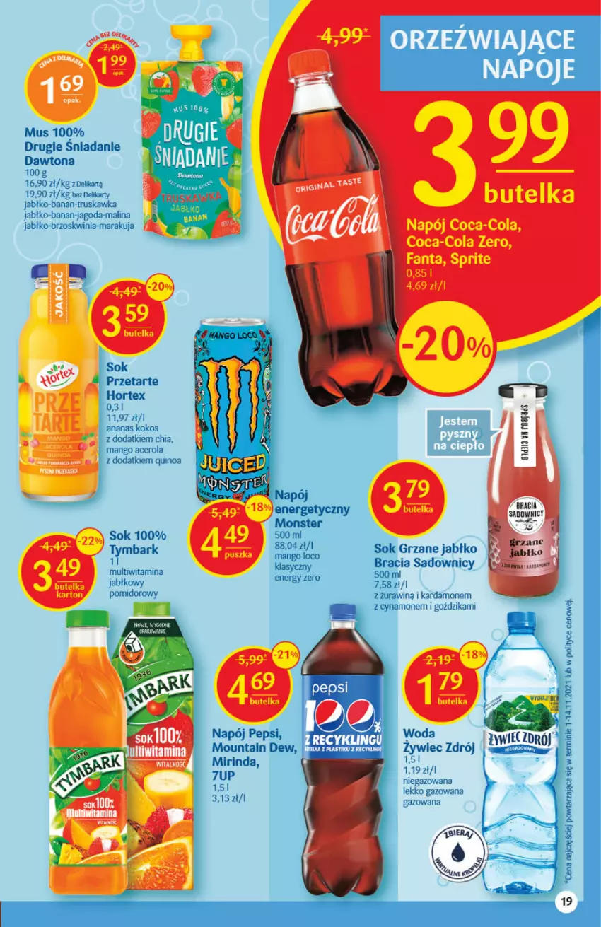 Gazetka promocyjna Delikatesy Centrum - Gazetka DC02 - ważna 13.01 do 19.01.2022 - strona 19 - produkty: 7up, Acer, Ananas, Chia, Coca-Cola, Dawtona, Fa, Hortex, Kokos, Mango, Mirinda, Mus, Napój, Napój energetyczny, Ocet, Pepsi, Quinoa, Sok, Tymbark, Woda