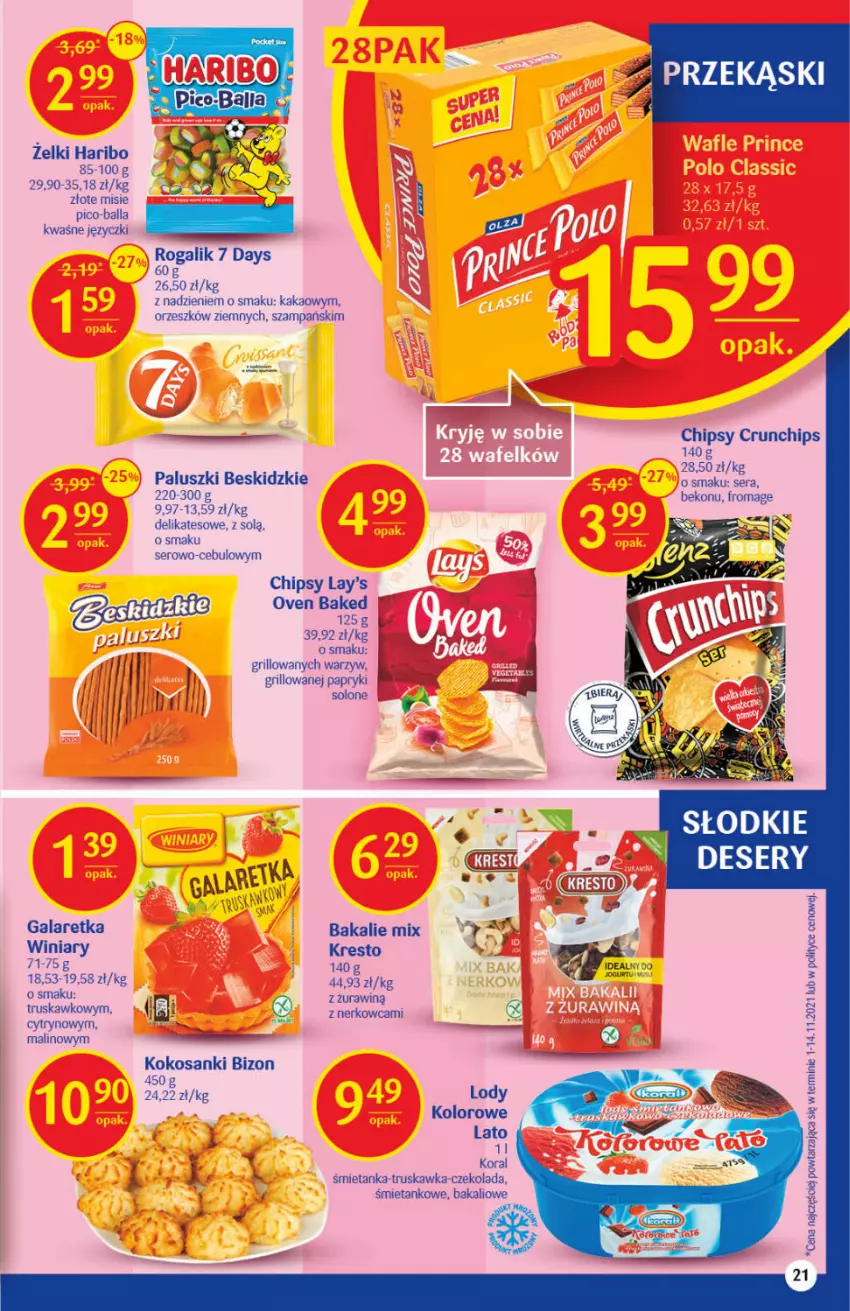 Gazetka promocyjna Delikatesy Centrum - Gazetka DC02 - ważna 13.01 do 19.01.2022 - strona 21 - produkty: 7 Days, Beko, Beskidzki, Chipsy, Crunchips, Czekolada, Deser, Gala, Galaretka, Grill, Haribo, Kakao, Kokos, Lody, Pico-Balla, Rogal, Sanki, Ser, Winiary