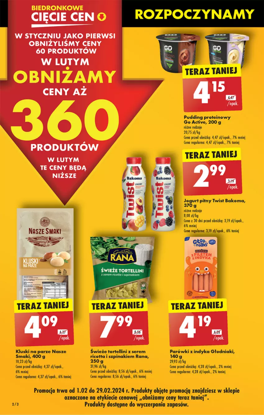 Gazetka promocyjna Biedronka - Od czwartku - ważna 01.02 do 07.02.2024 - strona 2 - produkty: Bakoma, Kluski na parze, Parówki, Parówki z indyka, Pudding, Ricotta, Ser, Szpinak, Tera