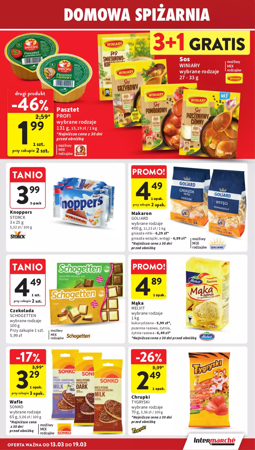 Gazetka promocyjna Intermarche - Gazetka Intermarche - ważna 13.03 do 19.03.2025 - strona 27 - produkty: Chrupki, Czekolada, Goliard, Gra, Gry, Knoppers, Mąka, Makaron, Melvit, Pasztet, Schogetten, Sonko, Sos, Wafle, Winiary