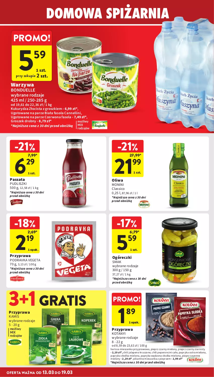 Gazetka promocyjna Intermarche - Gazetka Intermarche - ważna 13.03 do 19.03.2025 - strona 28 - produkty: Bonduelle, Fa, Fasola, Gra, Groszek, Kamis, Kukurydza, Monini, Papryka, Papryka słodka, Papryka wędzona, Pieprz, Podravka, Pudliszki, Vegeta, Warzywa