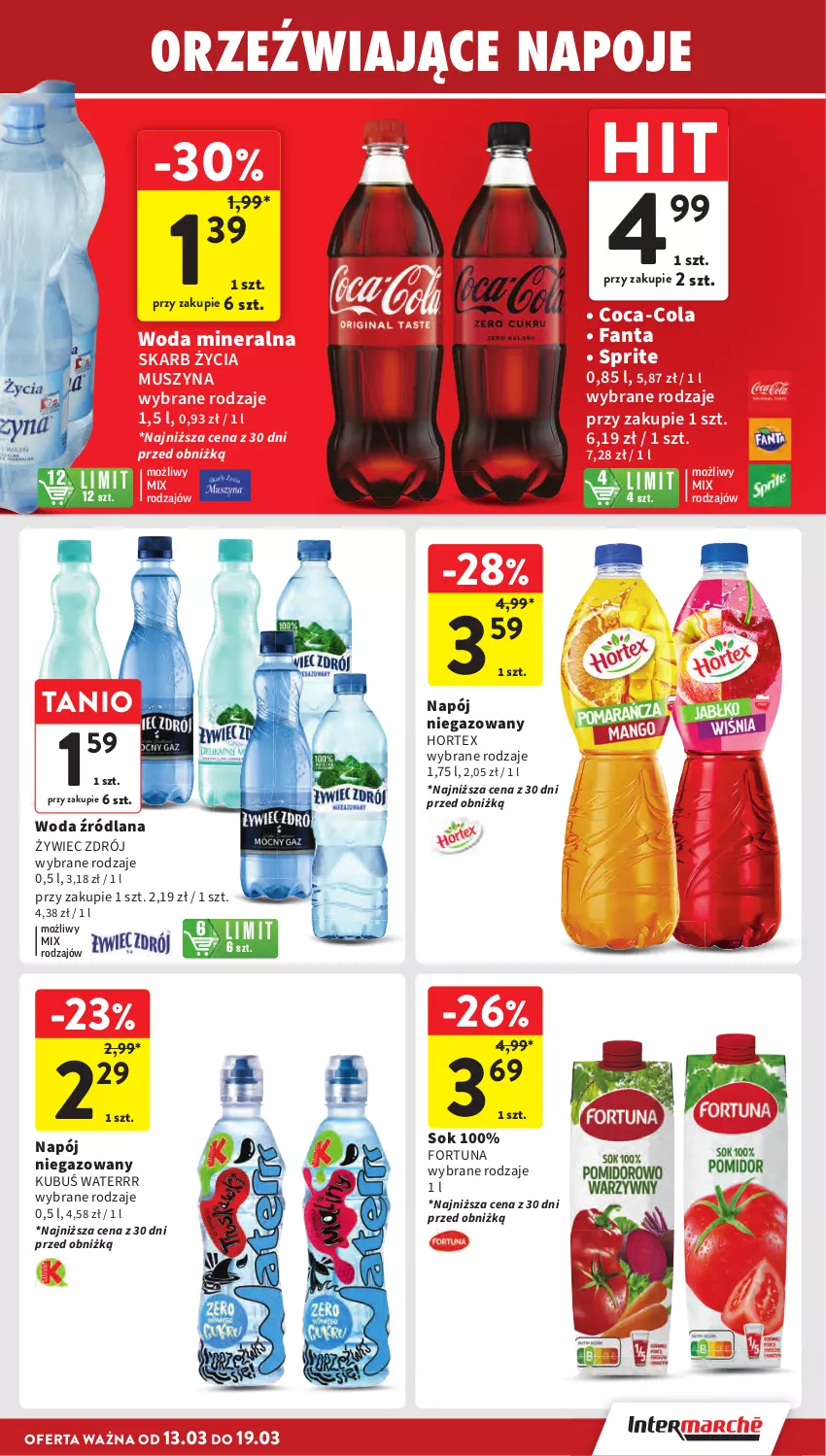 Gazetka promocyjna Intermarche - Gazetka Intermarche - ważna 13.03 do 19.03.2025 - strona 29 - produkty: Coca-Cola, Fa, Fanta, Fortuna, Hortex, Kubuś, Kubuś Waterrr, LANA, Mus, Napój, Napój niegazowany, Napoje, Sok, Sprite, Szyna, Woda, Woda mineralna