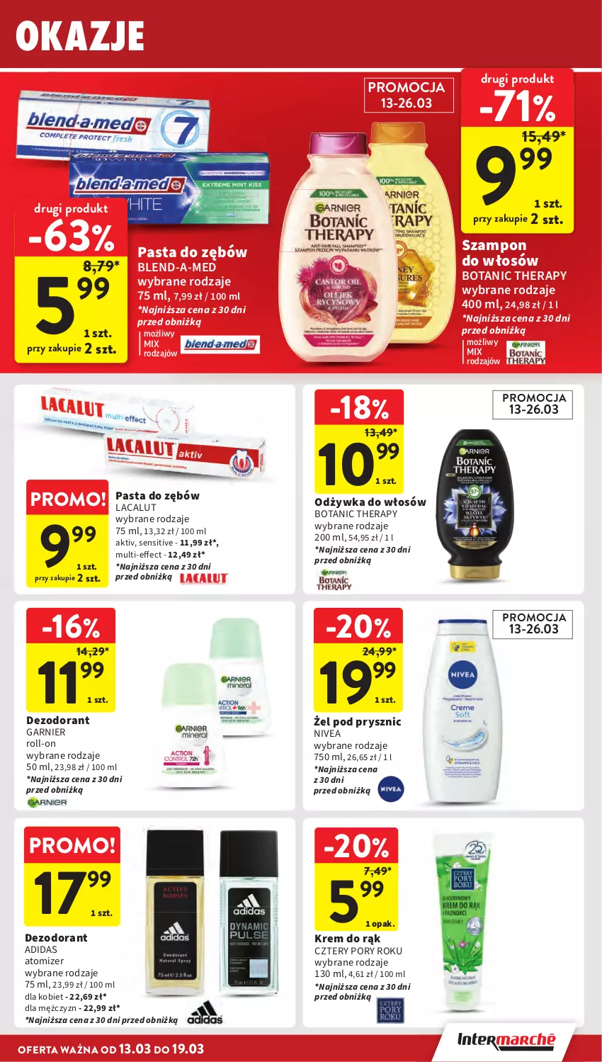 Gazetka promocyjna Intermarche - Gazetka Intermarche - ważna 13.03 do 19.03.2025 - strona 33 - produkty: Adidas, Blend-a-Med, Dezodorant, Garnier, Krem do rąk, Lacalut, Nivea, Odżywka, Pasta do zębów, Por, Szampon