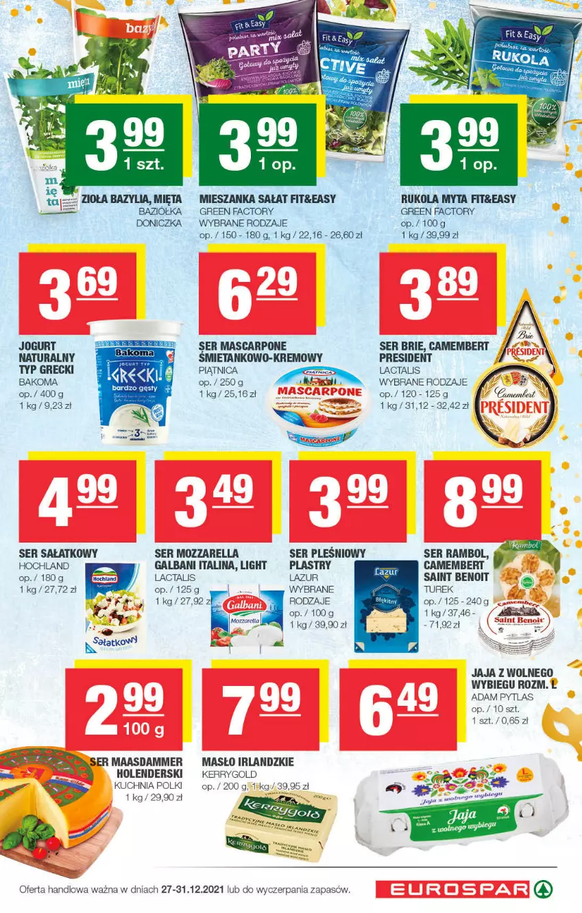 Gazetka promocyjna Spar - EuroSpar - ważna 26.12.2021 do 05.01.2022 - strona 3 - produkty: Bakoma, Bazyl, Bazylia, Brie, Camembert, Fa, Galbani, Hochland, Jaja, Jaja z wolnego wybiegu, Jogurt, Kuchnia, Lazur, Maasdam, Mascarpone, Masło, Mieszanka sałat, Mięta, Mozzarella, Piątnica, Rukola, Sałat, Ser