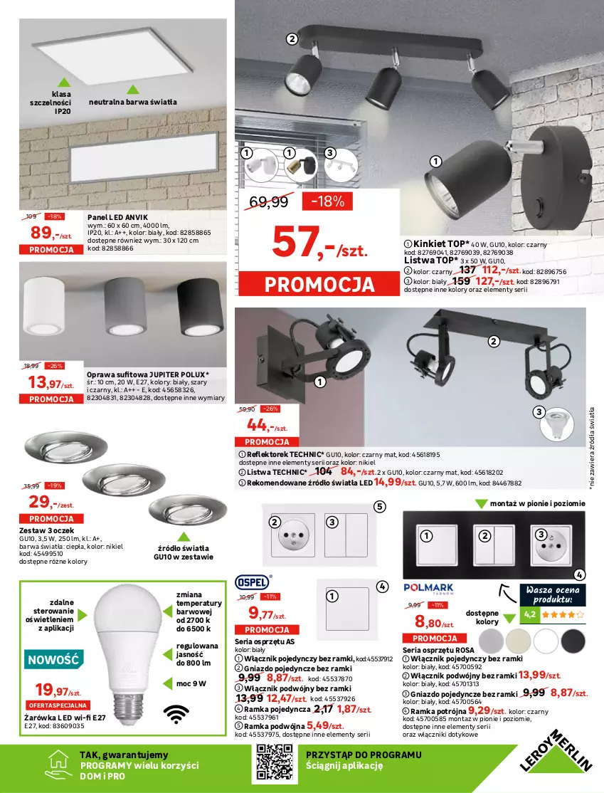 Gazetka promocyjna Leroy Merlin - Nowe Drzwi - ważna 19.01 do 08.02.2022 - strona 13 - produkty: Gniazdo pojedyncze, Gra, Lampa, Lampa wisząca, Listwa, Plafon, Ramka, Reflektor, Ser, Telefon, Top, Włącznik podwójny, Włącznik pojedynczy