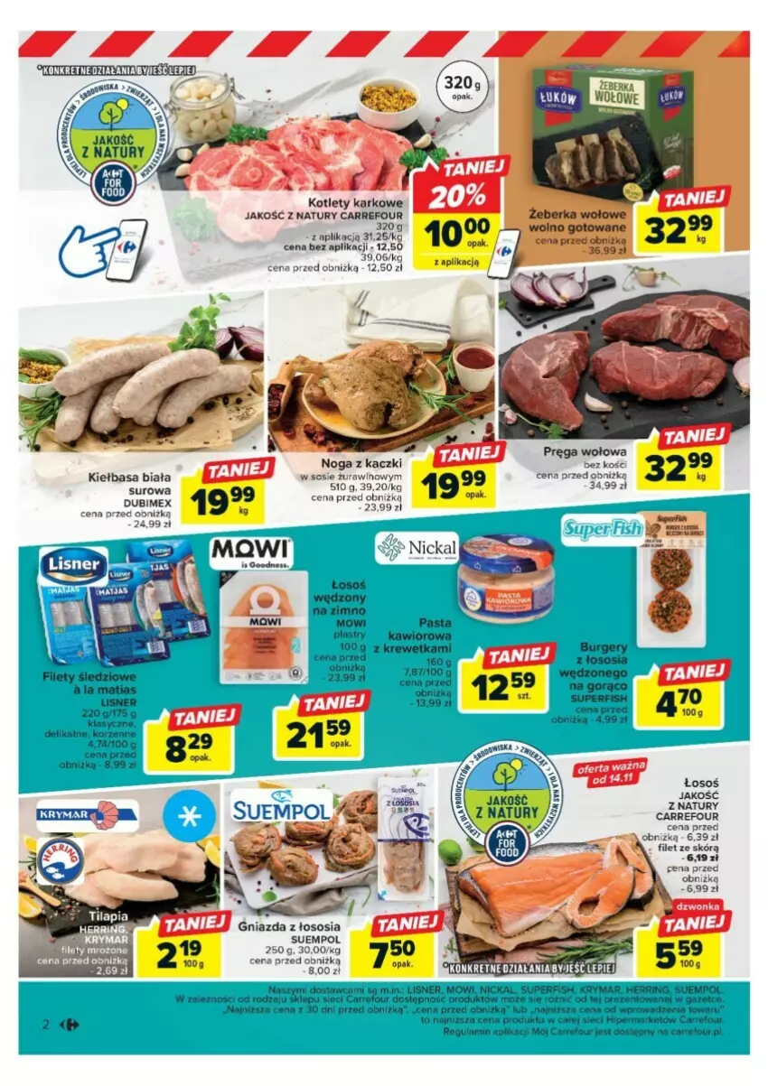 Gazetka promocyjna Carrefour - ważna 13.11 do 18.11.2023 - strona 9 - produkty: Kiełbasa, Kiełbasa biała, Kotlet, Noga z kaczki, Pax, Pręga wołowa, Sos, Suempol, Wino