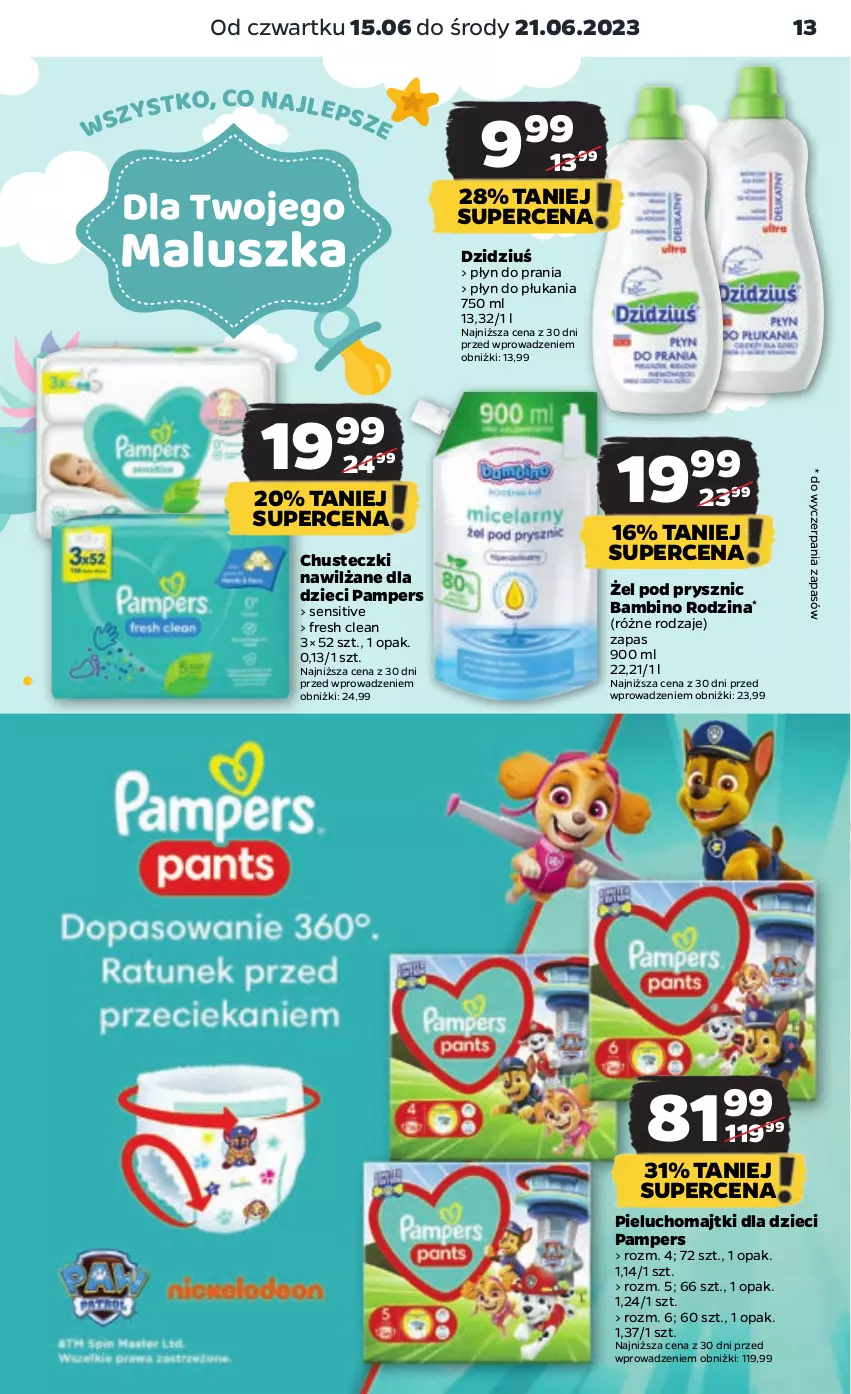 Gazetka promocyjna Netto - Artykuły spożywcze - ważna 15.06 do 21.06.2023 - strona 13 - produkty: Chusteczki, Dzieci, Majtki, Pampers, Pieluchomajtki, Płyn do płukania, Płyn do prania