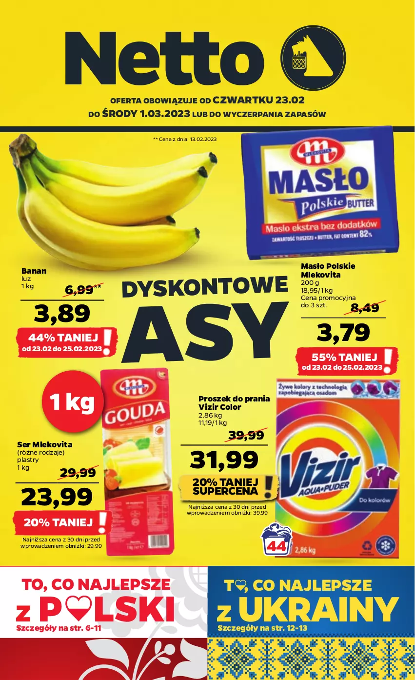 Gazetka promocyjna Netto - Artykuły spożywcze - ważna 23.02 do 01.03.2023 - strona 1 - produkty: Masło, Mleko, Mlekovita, Proszek do prania, Ser, Vizir