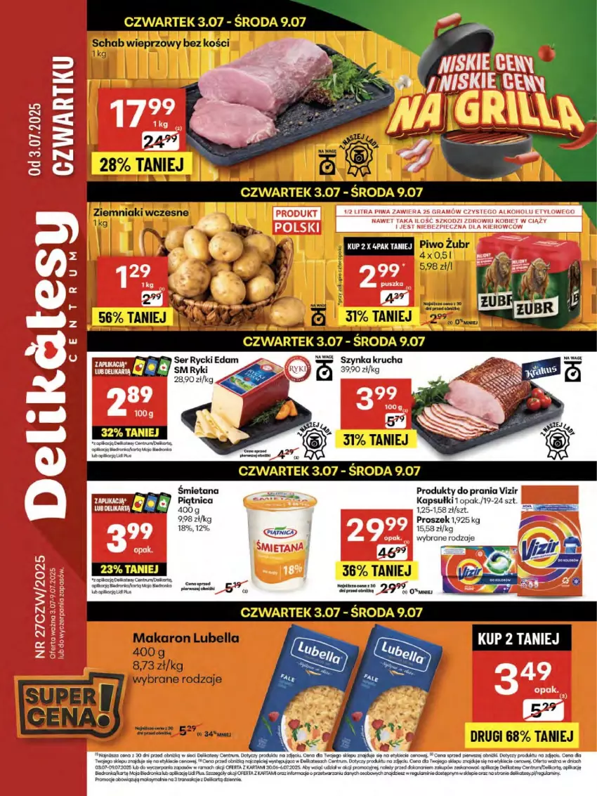 Gazetka promocyjna Delikatesy Centrum - Franczyza DC27 Czwartek - ważna 03.07 do 09.07.2025 - strona 1 - produkty: Dron, Edam, Gra, Koc, Orka, Piątnica, Piec, Piwa, Rama, Rum, Rycki Edam, Ser, Sok, Szynka, Tran, Vizir