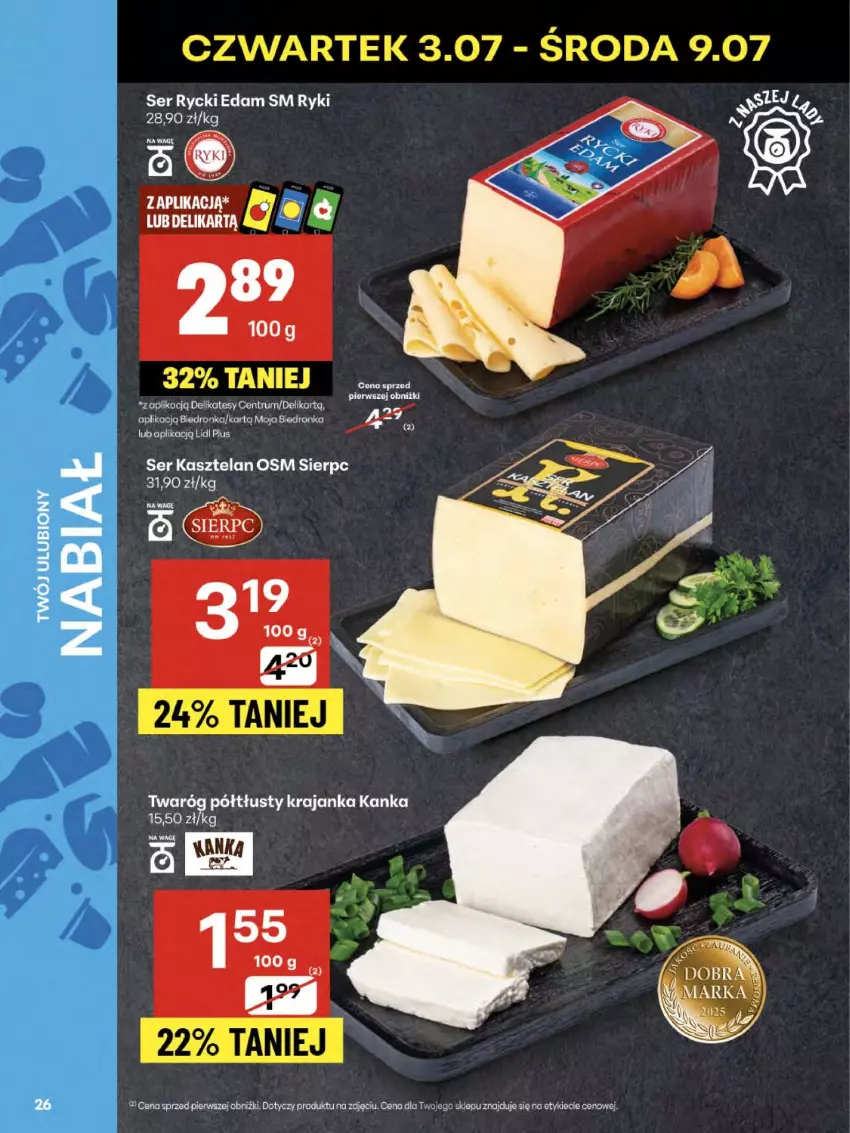 Gazetka promocyjna Delikatesy Centrum - Franczyza DC27 Czwartek - ważna 03.07 do 09.07.2025 - strona 26 - produkty: Dron, Edam, Kasztelan, Rycki Edam, Ser, Ser Kasztelan, Twaróg, Twaróg półtłusty