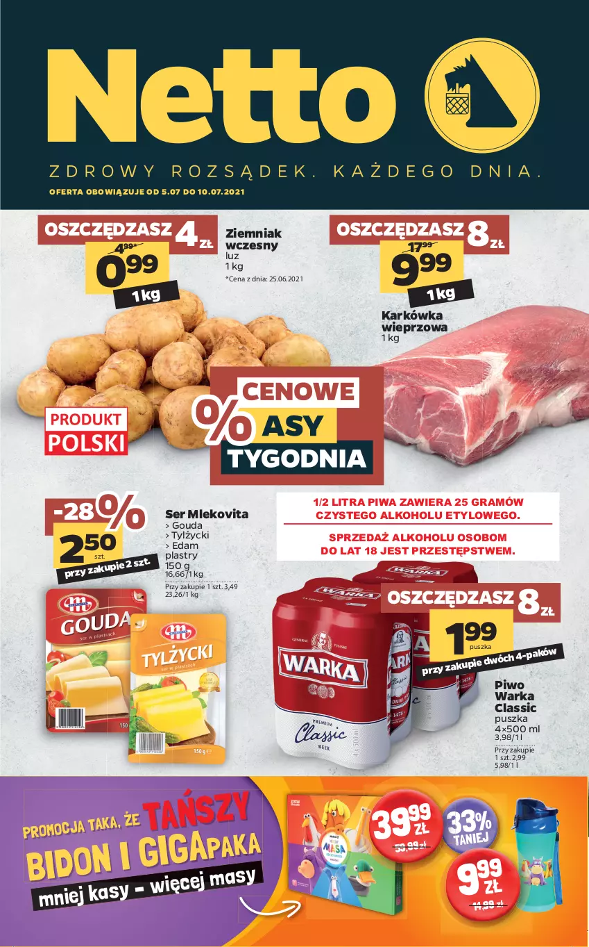 Gazetka promocyjna Netto - Gazetka spożywcza - ważna 05.07 do 10.07.2021 - strona 1 - produkty: Edam, Gouda, Gra, Karkówka wieprzowa, Mleko, Mlekovita, Piwa, Piwo, Ser, Warka