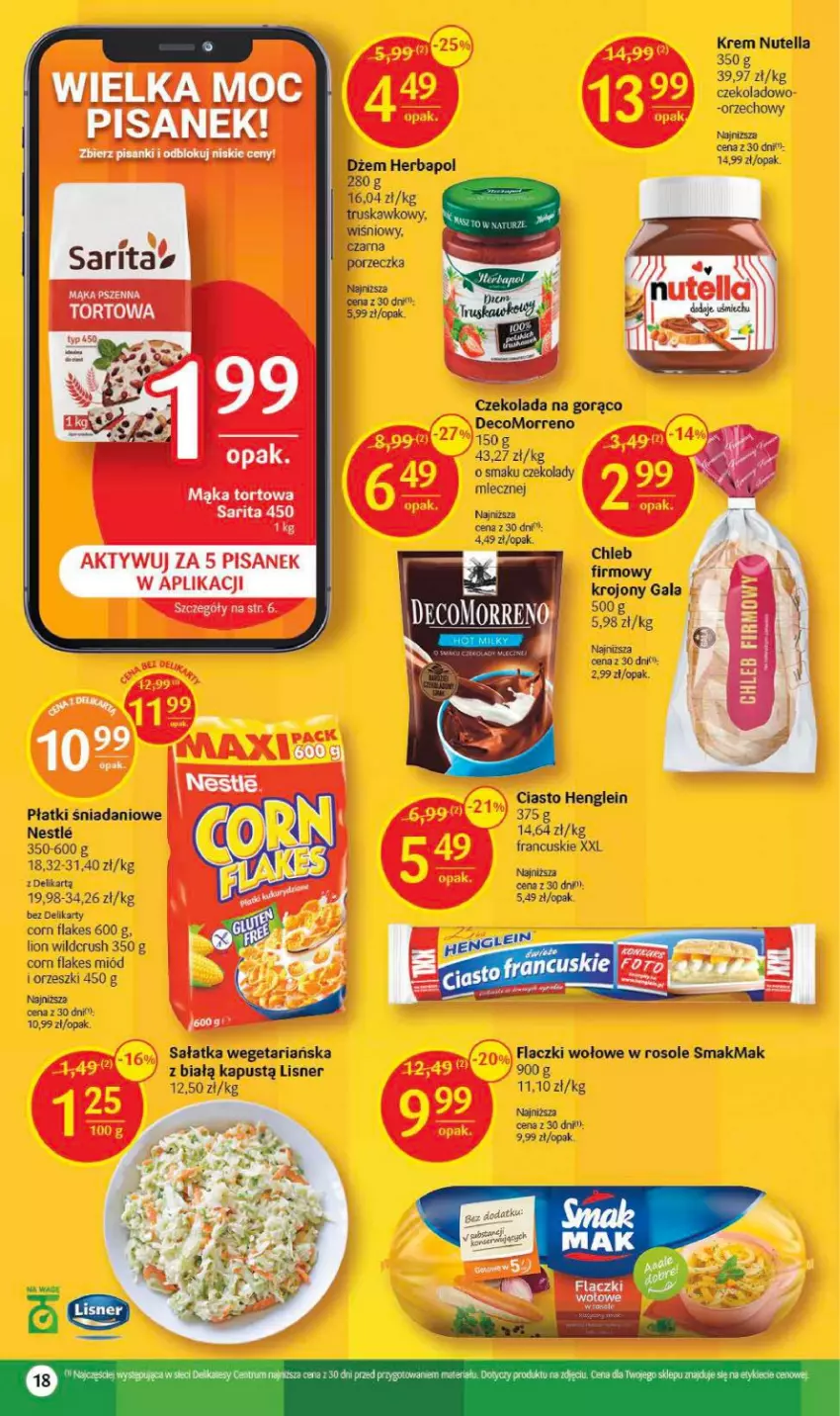 Gazetka promocyjna Delikatesy Centrum - Gazetka DC12 - ważna 23.03 do 29.03.2023 - strona 18 - produkty: Corn flakes, Czekolada, Danio, Dżem, Dzieci, Flaczki wołowe, Gala, Herbapol, Kapustą, Lion, Lisner, Mąka, Mąka tortowa, Miód, Nutella, Orzeszki, Por, Sałat, Sałatka