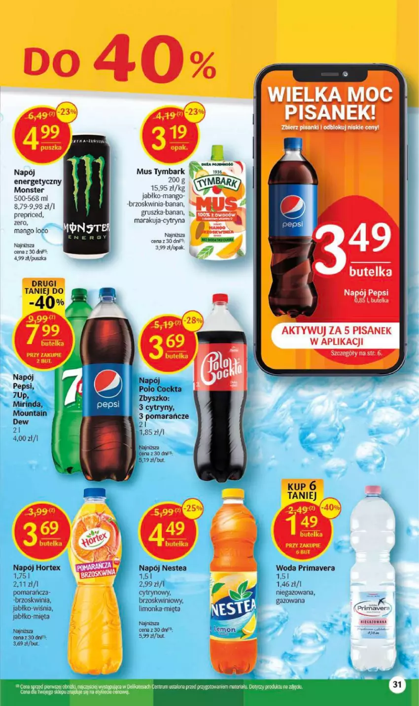 Gazetka promocyjna Delikatesy Centrum - Gazetka DC12 - ważna 23.03 do 29.03.2023 - strona 31 - produkty: Cytryny, Hortex, Limonka, Mango, Mięta, Mirinda, Mus, Napój, Napój energetyczny, Nestea, Pepsi, Pomarańcze, Prima, Primavera, Sanki, Tymbark, Woda