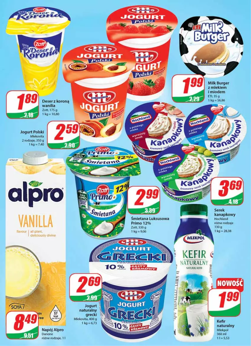 Gazetka promocyjna Dino - Gazetka - ważna 10.08 do 16.08.2022 - strona 14 - produkty: Alpro, Burger, Danone, Deser, Hochland, Jogurt, Kefir, Napój, Ser, Serek, Serek kanapkowy, Zott