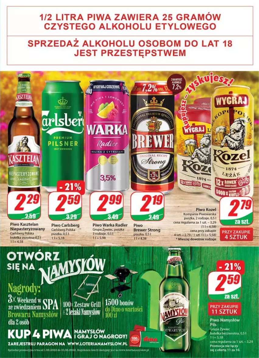 Gazetka promocyjna Dino - Gazetka - ważna 10.08 do 16.08.2022 - strona 17 - produkty: Carlsberg, Kasztelan, Kozel, Piwa, Piwo, Radler, Warka