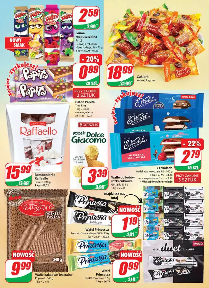 Gazetka promocyjna Dino - Gazetka - ważna 10.08 do 16.08.2022 - strona 4 - produkty: Baton, Cukier, Cukierki, Czekolada, Fa, Ferrero, Princessa, Raffaello, Wafle, Wafle do lodów, Wawel