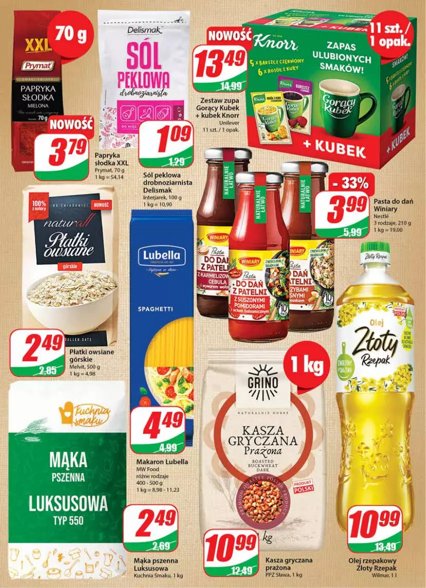 Gazetka promocyjna Dino - Gazetka - ważna 10.08 do 16.08.2022 - strona 8 - produkty: Bell, Bella, Gry, Kasza, Kasza gryczana, Knorr, Kubek, Kuchnia, Lubella, Mąka, Mąka pszenna, Makaron, Melvit, Olej, Olej rzepakowy, Papryka, Papryka słodka, Płatki owsiane, Prymat, Sól, Spaghetti, Winiary, Zupa