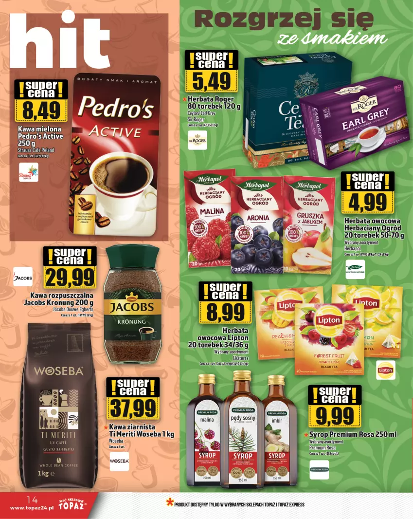 Gazetka promocyjna Topaz - Gazetka - ważna 15.02 do 21.02.2024 - strona 14 - produkty: Herbaciany ogrod, Herbata, Kawa, Kawa mielona, Lipton, Sos, Top