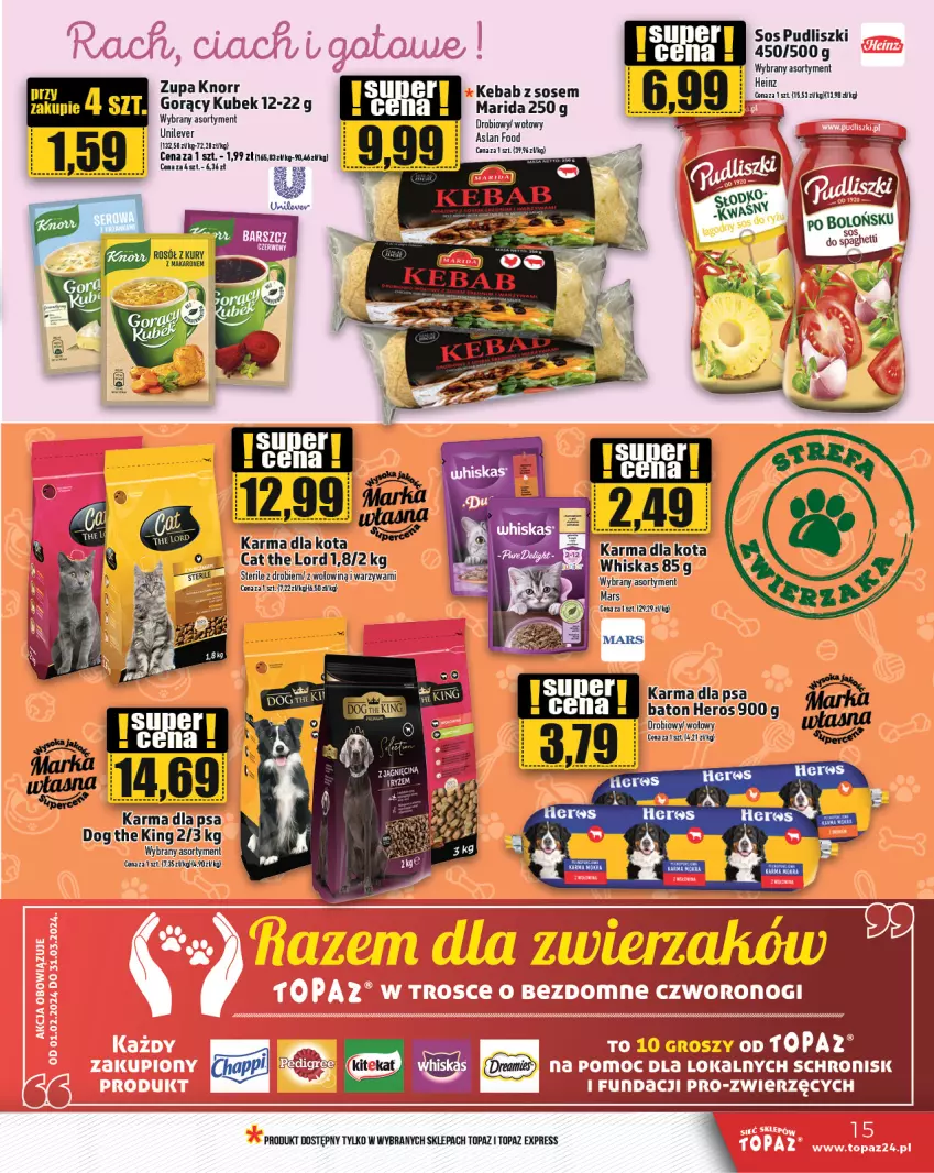 Gazetka promocyjna Topaz - Gazetka - ważna 15.02 do 21.02.2024 - strona 15 - produkty: Kebab, Knorr, Kubek, LG, Mars, Pudliszki, Sos, Spaghetti, Top, Warzywa, Whiskas, Zupa