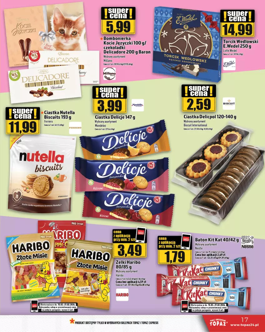 Gazetka promocyjna Topaz - Gazetka - ważna 15.02 do 21.02.2024 - strona 17 - produkty: Baton, Ciastka, Delicje, Ferrero, Haribo, K2, Kit Kat, Koc, Nutella, Top