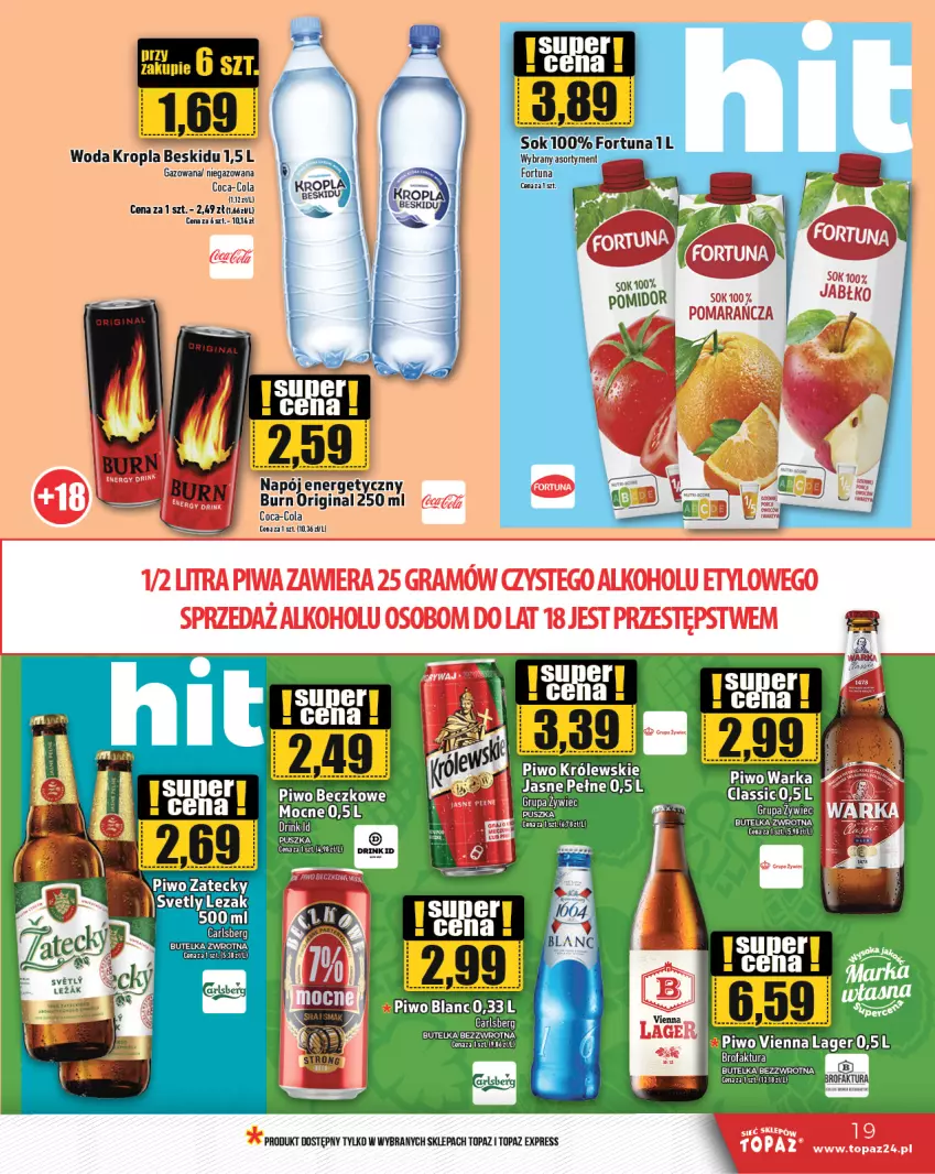 Gazetka promocyjna Topaz - Gazetka - ważna 15.02 do 21.02.2024 - strona 19 - produkty: Carlsberg, Coca-Cola, Fa, Fortuna, Gin, Gra, Napój, Piwa, Piwo, Sok, Top, Woda