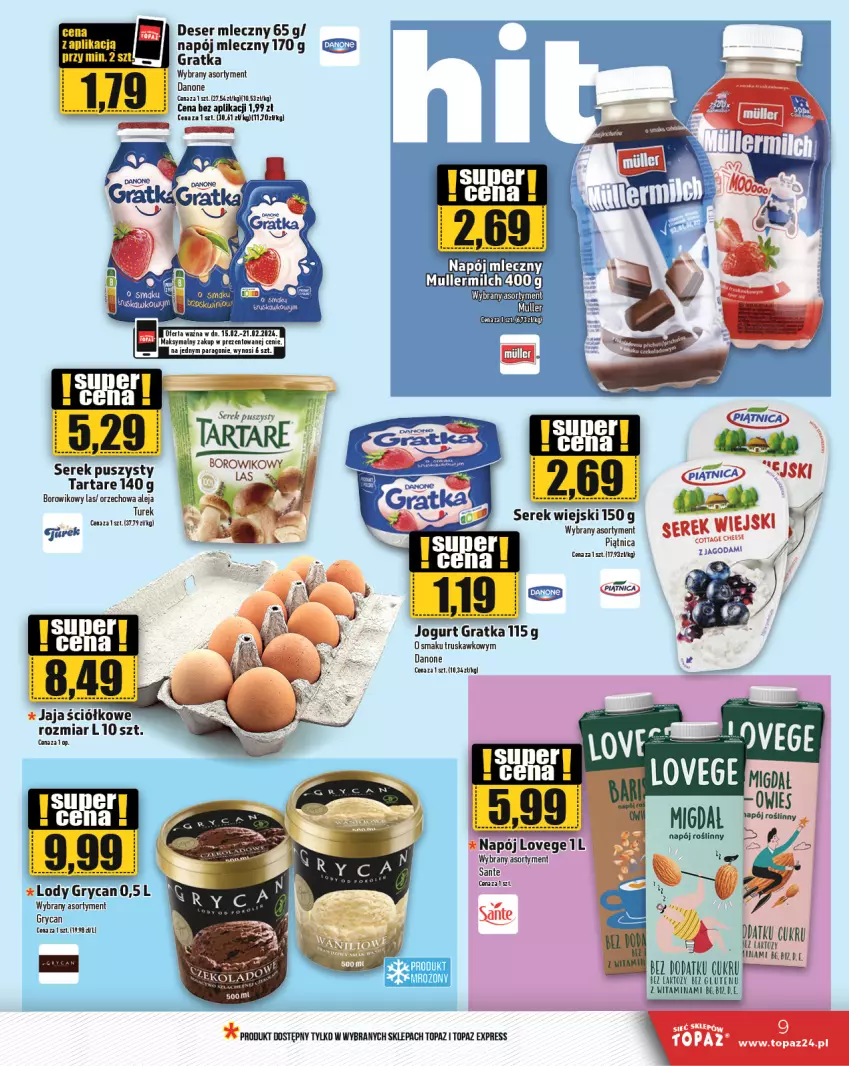 Gazetka promocyjna Topaz - Gazetka - ważna 15.02 do 21.02.2024 - strona 9 - produkty: Danone, Deser, Deser mleczny, Gra, Gry, Jaja, Jogurt, Lody, Miecz, Napój, Napój mleczny, Piątnica, Ser, Serek, Serek wiejski, Tarta, Tartare, Top, Wiko