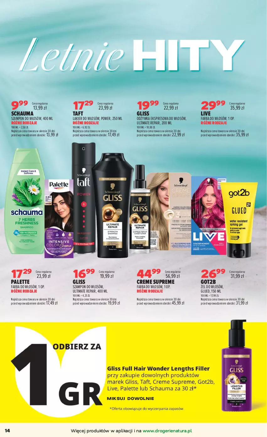 Gazetka promocyjna Drogerie Natura - Gazetka Drogerie Natura - ważna 25.08 do 07.09.2026 - strona 14 - produkty: Fa, Farba do włosów, Got2b, Lakier, Lakier do włosów, Odżywka, Palette, Schauma, Szampon, Taft