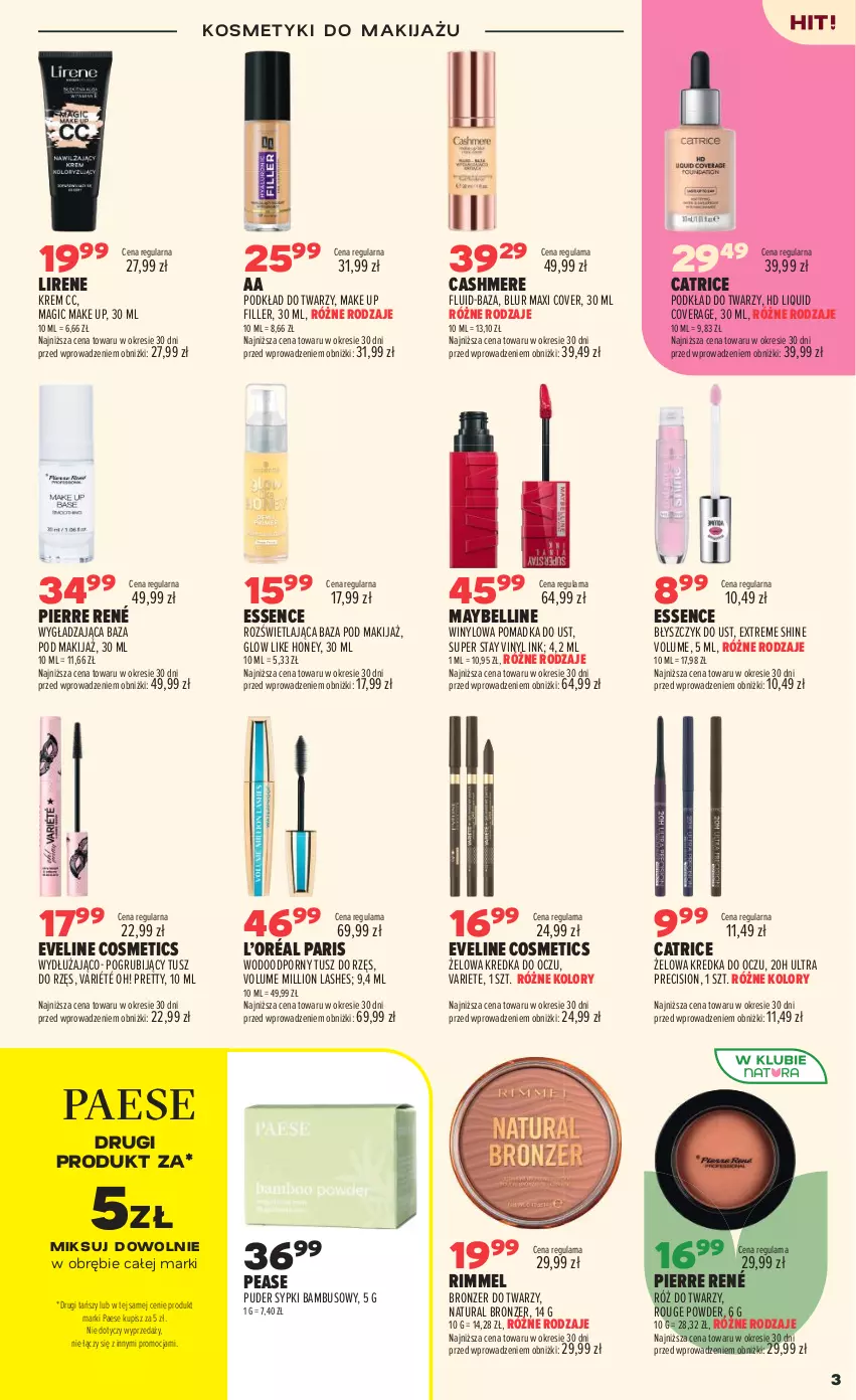 Gazetka promocyjna Drogerie Natura - Gazetka Drogerie Natura - ważna 25.08 do 07.09.2026 - strona 3 - produkty: Bell, Błyszczyk do ust, Bronzer, Catrice, Eveline, Kredka, L’Oréal, Lion, Lirene, Makijaż, Maybelline, PAESE, Pierre René, Podkład, Podkład do twarzy, Por, Puder, Tusz